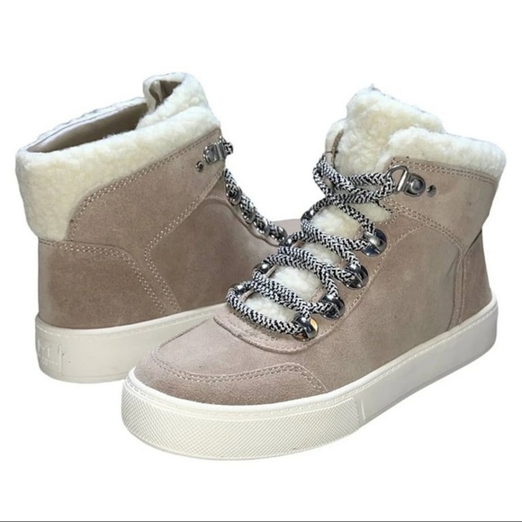 Marc Fisher Tan and White Lace Up Boots with Fur Lining - Picture 2 of 7